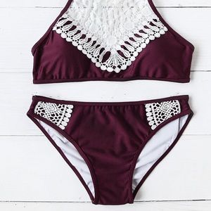 Maroon and white lace bikini